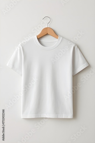 Plain white t-shirt on wooden hanger with soft shadows