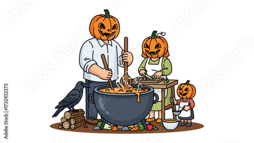Pumpkin-headed Family: An endearing family, each adorned with a pumpkin head, comes together to stir a cauldron, crafting a whimsical Halloween scene with a focus on togetherness and seasonal cheer.