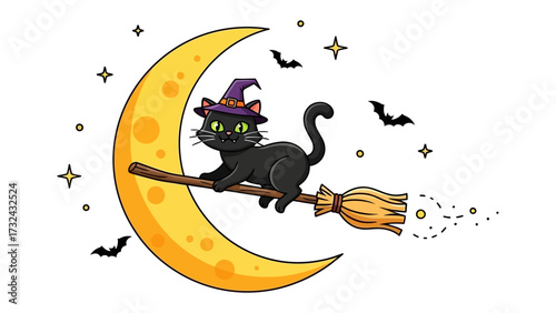 Whimsical Halloween Cat: A charming black cat, donning a witch's hat, gracefully flies on a broom across the night sky. This delightful digital illustration evokes the spirit of Halloween.