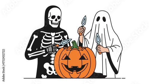 Spooky Carving: A spooky ghost and a skeletal figure, collaborating to carve a Halloween pumpkin, embodying the spirit of the holiday.