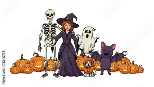Spooky Halloween Scene: A whimsical Halloween gathering featuring a playful skeleton, a charming witch, a friendly ghost, an adorable bat, a cute dog and an array of carved pumpkins.