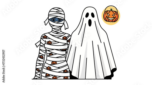 Spooky Halloween Duo: A ghostly specter and a mysterious mummy come together.