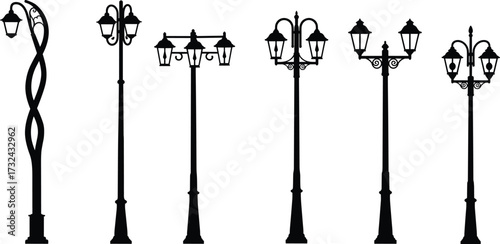 Decorative street lamp post silhouettes with multiple lantern heads, ornate scrollwork, urban lighting design, vintage architecture, outdoor illumination, classic city infrastructure