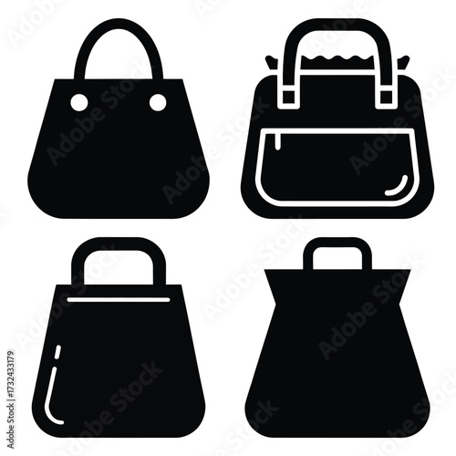 bag minimal flat silhouette vector icon set, black color and white background
