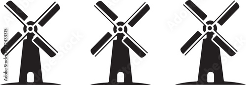 Three black silhouette windmills with crossed blades on a white background power energy