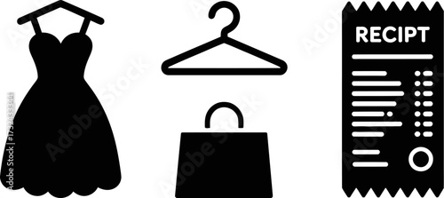 Fashion purchase icons: dress on hanger, shopping bag, and receipt