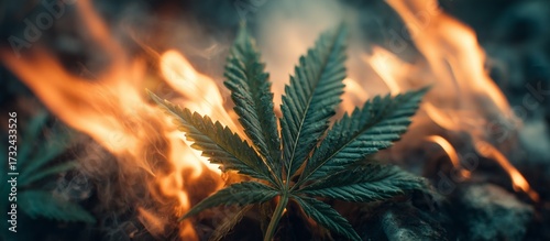 Cannabis leaf against a fire background. Generative AI