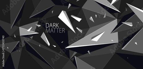 Dark black monochrome greyscale polygonal abstract background with 3D triangular surface and flying debris particles in motion, explosion force abstraction.