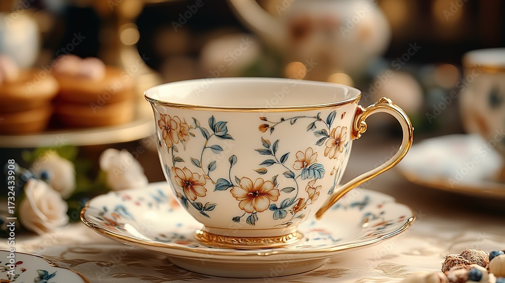 Fototapeta premium Delicate Porcelain Cup And Saucer With Floral Patterns In Museum Display With Soft Lighting