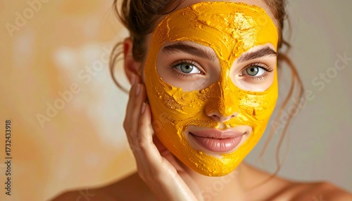 Woman with a vibrant yellow face mask
