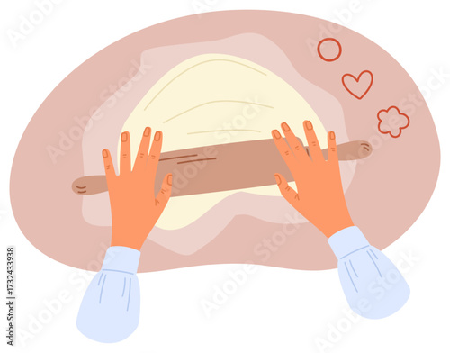 Women roll out dough with wooden rolling pin. Girl prepares pastry from dough. Baker cooking food. Chef making sweet cookies. Cake preparation top view. Homemade biscuit. Vector concept
