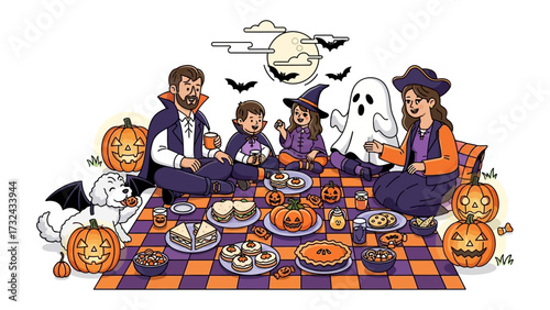 Halloween Gathering: A whimsical Halloween picnic scene, family gathered for festive meal filled with jack-o'-lanterns, ghost figures, and bats soaring under a moonlit sky.