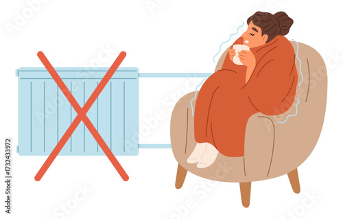 Woman shivering. Cold in room. Heating is not working. Low home room temperature. Girl feeling discomfort and covering in blanket. Winter coldness. Female on armchair. Vector concept