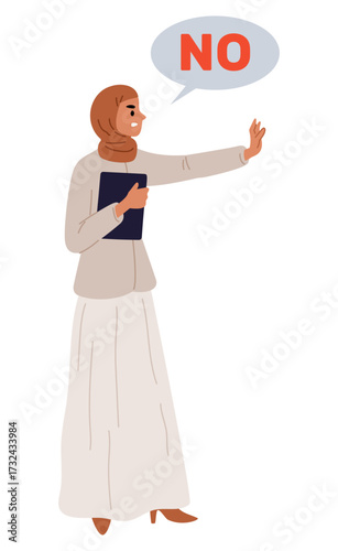 Woman in traditional Muslim dress says no. Arab girl showing prohibition gesture. Disapprove and reject. Negative reaction. Denial signal. Saudi female in hijab. Vector concept of refusal