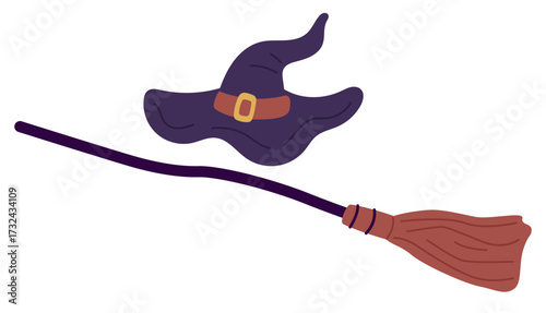 Witch stuff. Cone wicked hat and broom with wooden handle. Halloween elements. Witchcraft brush. Broomstick for sorceress flight. Magician clothing. Fairytale objects. Vector isolated set