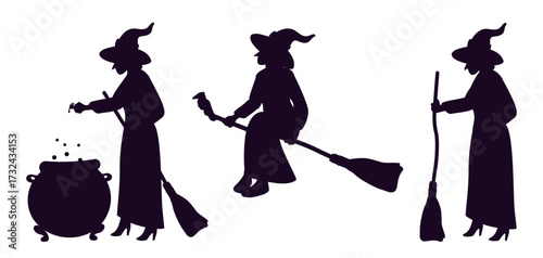 Witch preparing magic potion and flying on broom. Halloween character. Magical elixir brewing in cauldron. Sorceress on broomstick. Vector set of black silhouettes on white background