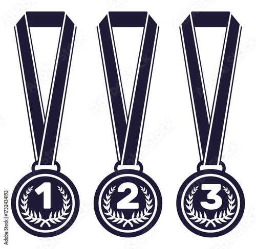 Winners medals on ribbon. Competition victory trophy. Nominee number place. Tournament winning medallion. Achievement reward. Vector set of award black silhouettes on white background