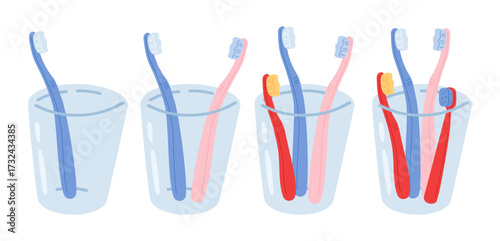 Toothbrush in glass. Brushes for brushing teeth for whole family or couple. Whitening toothpaste. Tooth cleaning brush. Mouth hygiene. Vector concept of promoting dental health any age
