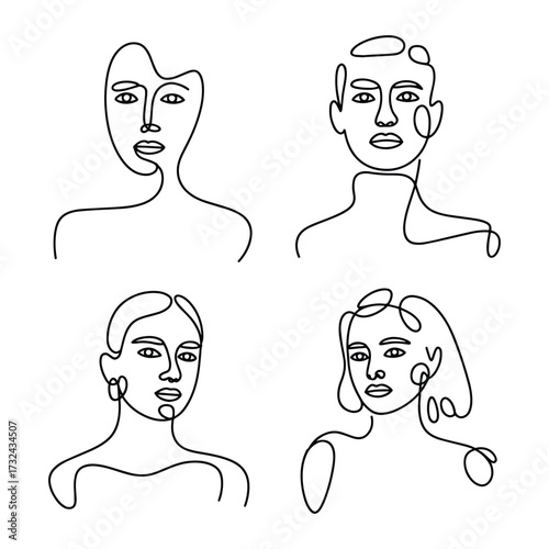 Simple outline portraits showing diverse ethnicity and minimal faces using a modern continuous line style, transparent