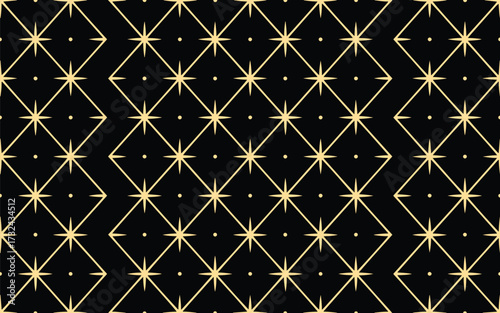 Seamless geometrical pattern features golden stars and linear diamonds on a stark black backdrop
