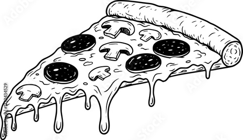 Black and white illustration of a dripping pizza slice with mushrooms and pepperoni. Vector illustration
