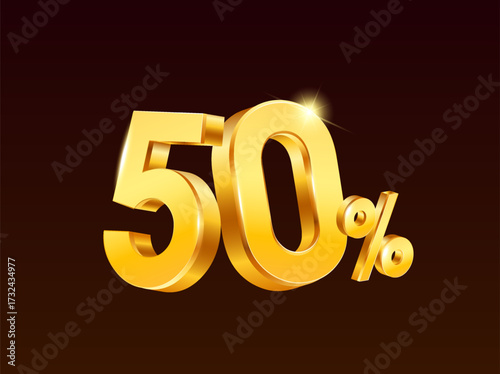 3d 50% or 50 percent rendered in yellow golden style, vector illustration. 50 percent icon in 3d vector. Vector illustration