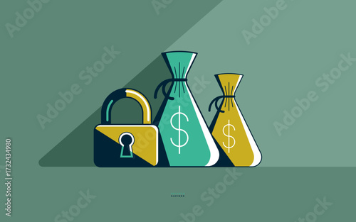 Money bags with padlock secured savings concept poster, vector icon style illustration of a moneybags with a lock, financial safety metaphor, personal finance protection.