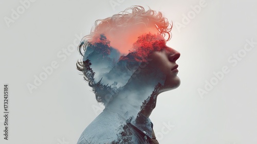 A mesmerizing surreal double exposure portrait, blending two distinct images into a captivating AI-rendered visual masterpiece.