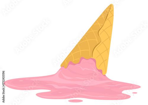 Ice cream in waffle cup fell to ground or floor. Melted cold dessert. Broken cone. Spoiled food. Summer snack crash. Popsicle liquid spilled puddle. Strawberry taste. Vector concept