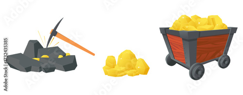 Gold mining using golden ore. Miners metal pickaxe and railway trolley. Hammer for pit stone digging. Natural resources. Isolated treasure heap. Vector industrial goldmine tools set