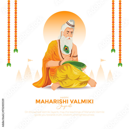 Happy Valmiki Jayanti Celebration Vector Illustration – Maharishi Valmiki with Ramayana, Indian Spiritual Festival Background, Religious Poster Design