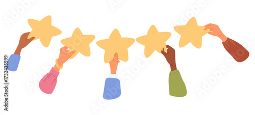 Different hands hold stars, people give star ratings, evaluate quality of services and product. Customer satisfaction feedback rank. People opinion. Vector cartoon isolated illustration