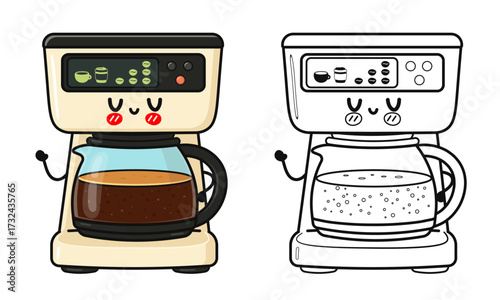 Cute coffee maker machine character with coloring page