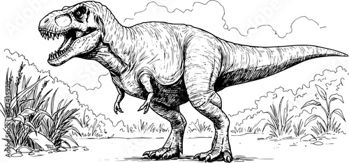 Black and white sketch of a roaring t-rex dinosaur with detailed textures. Vector illustration
