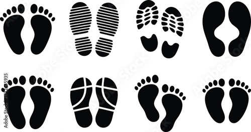 Collection of Diverse Footprint Silhouettes Including Bare Feet Shoe Prints and Other Variations Representing Movement and Individuality