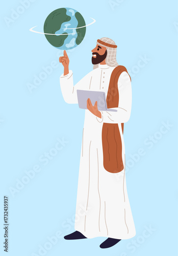 Arab male businessman in traditional muslim dress spins planet Earth on finger. International business. Global communication. Arabian man in abaya. Standing Saudi man. Vector concept
