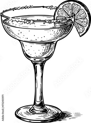 Black and white sketch of a margarita glass with lime slice, artistic illustration. Vector illustration
