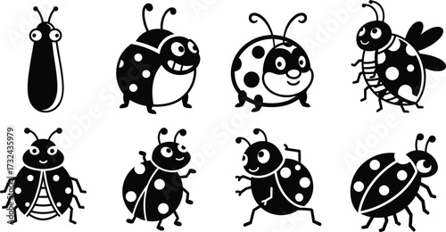 Ladybug illustration, cartoon beetle art, insect drawing, bug vector design, black and white artwork, nature character, entomology insect silhouette