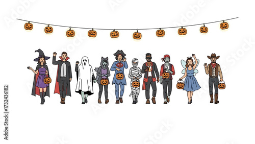 Halloween Costume Parade: A vibrant illustration showcases a diverse group of people dressed in a variety of imaginative Halloween costumes, set against a backdrop of festive decorations.