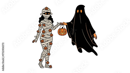 Halloween Mummy and Ghost Illustration: A whimsical, hand-drawn illustration captures the playful essence of Halloween. A mummy holding pumpkin bag, cheerfully interacts with a floating ghost.