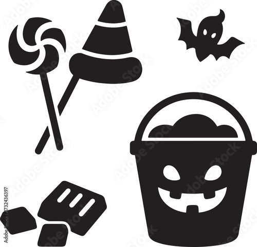  Black White Candy Corn Silhouette: Halloween Lollipop Chocolate Vector Art.