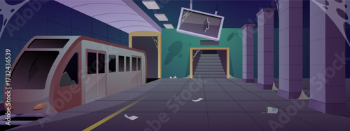 Destroyed and abandoned railway underground station, vector destroyed subway station metro train, platform, metropolitan