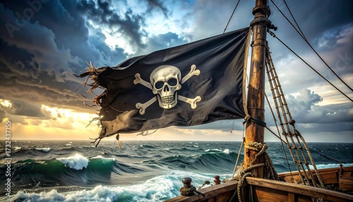 Jolly Roger ondeando en un mástil de madera de un barco pirata antiguo, bandera negra rota y desgastada en las esquinas, detalles del paso del tiempo y batallas, mar abierto con niebla