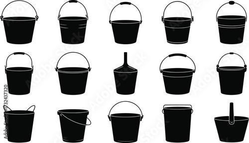 Bucket silhouette collection, industrial container icons, household pail shapes, black vector set, handle variations, utility design, minimal style