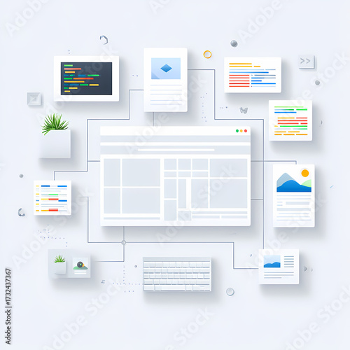A conceptual illustration of web development and design with a central browser surrounded by UI elements and code.