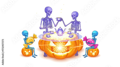 Spooky Halloween Tea Party: A whimsical digital illustration featuring skeletons gathered around a jack-o'-lantern table, sipping tea and enjoying candy, perfect for Halloween. 