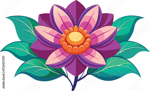 Vibrant purple lotus flower with green leaves illustration