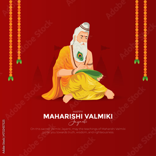 Happy Valmiki Jayanti Celebration Vector Illustration – Maharishi Valmiki with Ramayana, Indian Spiritual Festival Background, Religious Poster Design