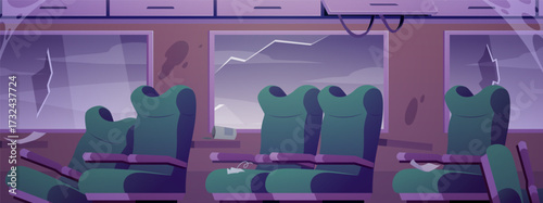 Destroyed and abandoned train interior with broken seats and windows vector illustration, damage passenger railway cabin