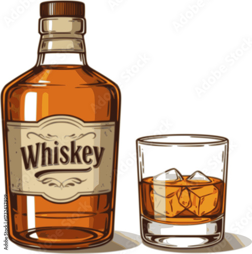 Detailed illustration of whiskey bottle with glass and ice cubes, vintage style. Vector illustration
